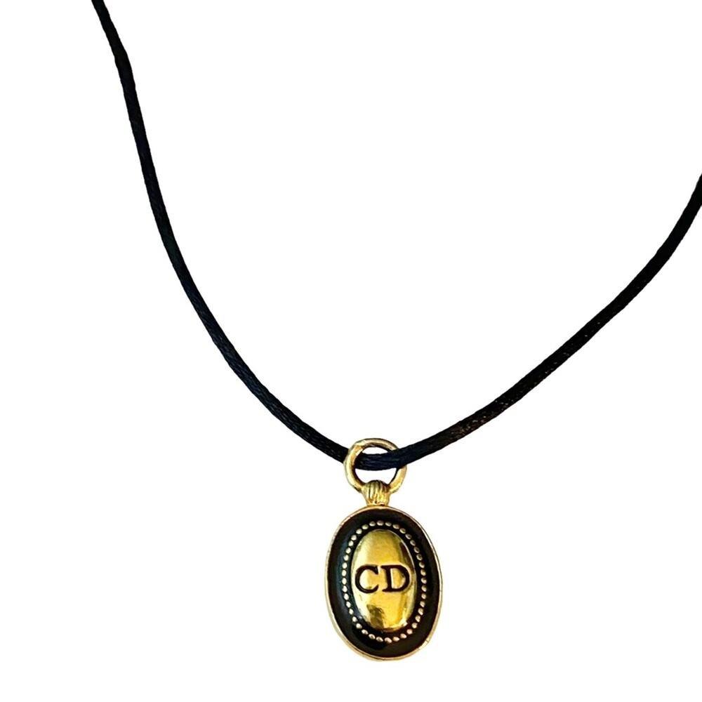 AUTH VTG Christian Dior Gold Metal Black Enamel CD Logo Necklace Charm Pendant